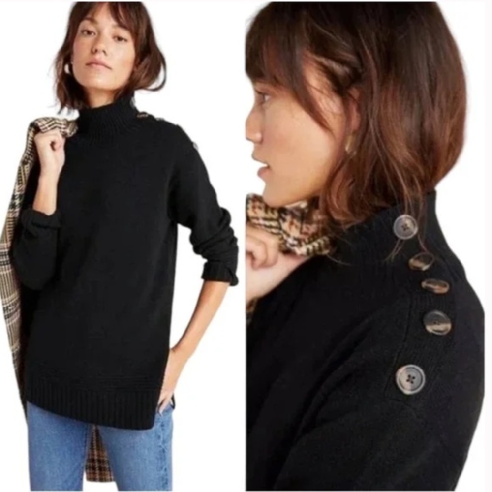 Anthropologie Margarita Button Shoulder Tunic Black Sweater Size Extra Small